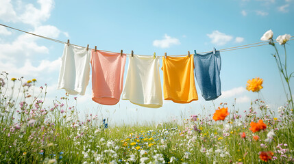 outdoor shot of freshly laundered clothes hanging on a line, surrounded by fields of flowers