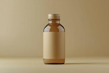 Glass Bottle with Brown Paper Label on Beige Background