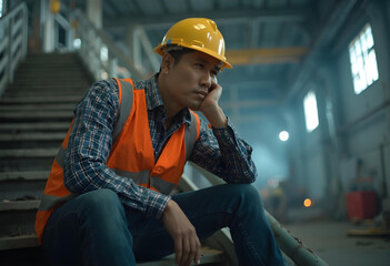 Feeling stressed and tired, an unemployed engineer sits on stairs in an industrial setting, wearing safety helmet and reflective vest. atmosphere reflects his challenges