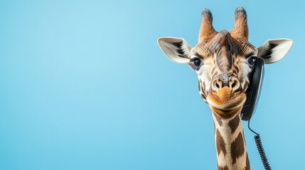 Obraz premium Funny giraffe with headphones against a blue background. Unique and quirky animal photography concept.