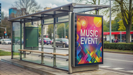 Naklejka premium Empty bus stop shelter with a vibrant poster advertising an upcoming music event featuring a bold font and colorful graphics on a grey background.