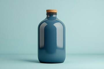 Obraz premium Blue Glass Bottle with Cork Top on Light Blue Background