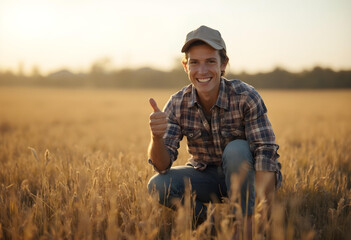 Young farmer giving thumbs up while crouching in golden field, showcasing joyful expression and connection to nature. warm sunlight enhances serene atmosphere