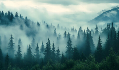 Spruce forest in fog and low clouds. Misty weather in woodland