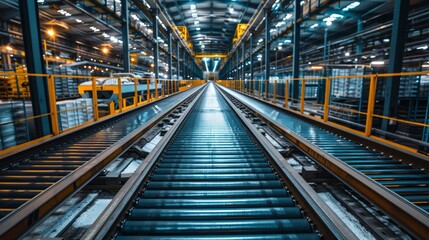 Conveyor belts in a large industrial facility, transporting goods through heavy machinery, steel beams supporting the plant