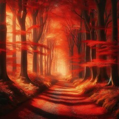 Romantic fall forest with a path of red leaves glowing in the afternoon sun