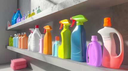 A 3D render of a set of cleaning agents on a shelf