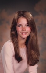Naklejka premium 1970s style Yearbook headshot of a pretty high school teenage girl looking at the camera 
