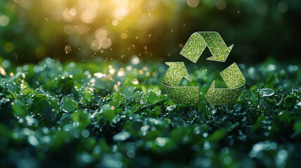 Recycle symbol made of green leaves in nature.