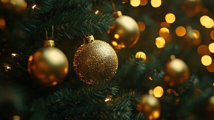 Close up of golden balls on christmas tree. Bokeh garlands in the background. New Year concept.