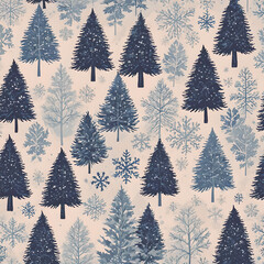 Obraz premium Seamless pattern of Scandinavian-style minimalist pine trees and snowflakes in soft whites and blues, perfect for winter or holiday-themed designs