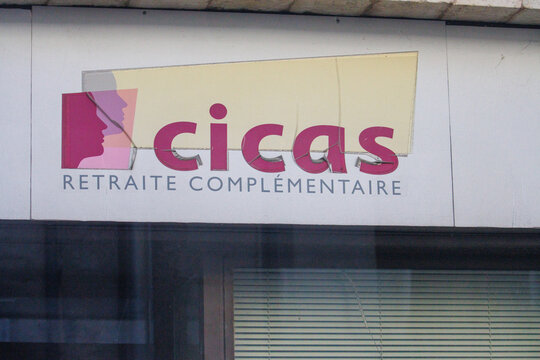 France, 16 August 2024: Sign for CICAS Retraite Complementaire on a building facade.