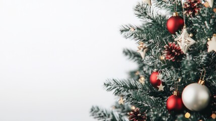 Obraz premium Close-up of Christmas tree and decorations on white background
