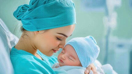 Fototapeta premium Heartwarming moment of a mother embracing her newborn in a hospital, showcasing love and tenderness in a serene environment.