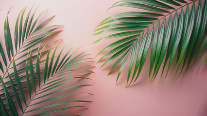 Soft blurred shadow of palm leaves on a light pink wall provides a minimalist abstract background for product presentation, evoking a sense of spring and summer serenity.