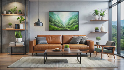 Fototapeta premium Sleek leather sofa and minimalist black coffee table occupy a modern living room with a wall-mounted TV, abstract painting, and floating shelf with succulents.
