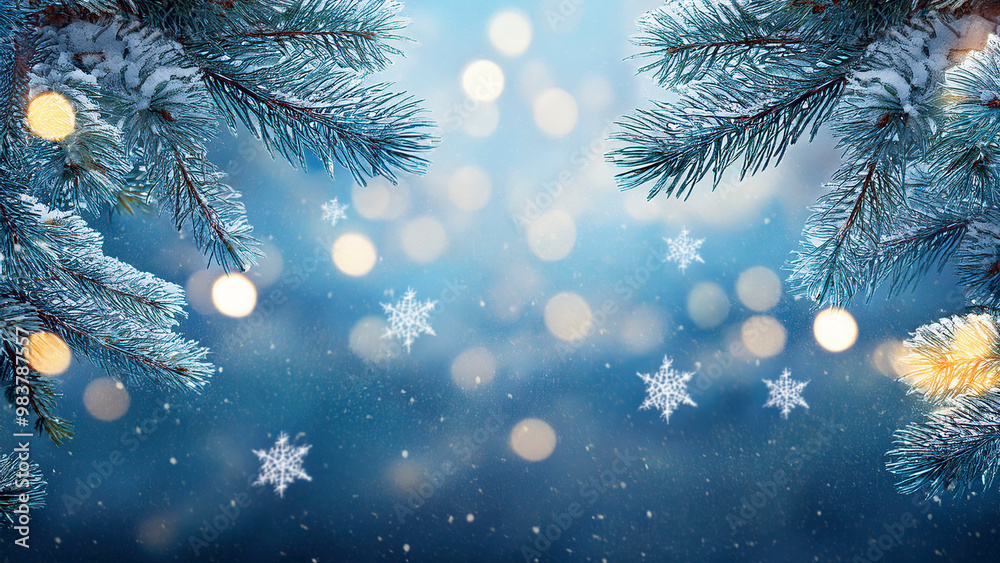 Sticker Winter background with snowflakes and bokeh lights. Christmas background