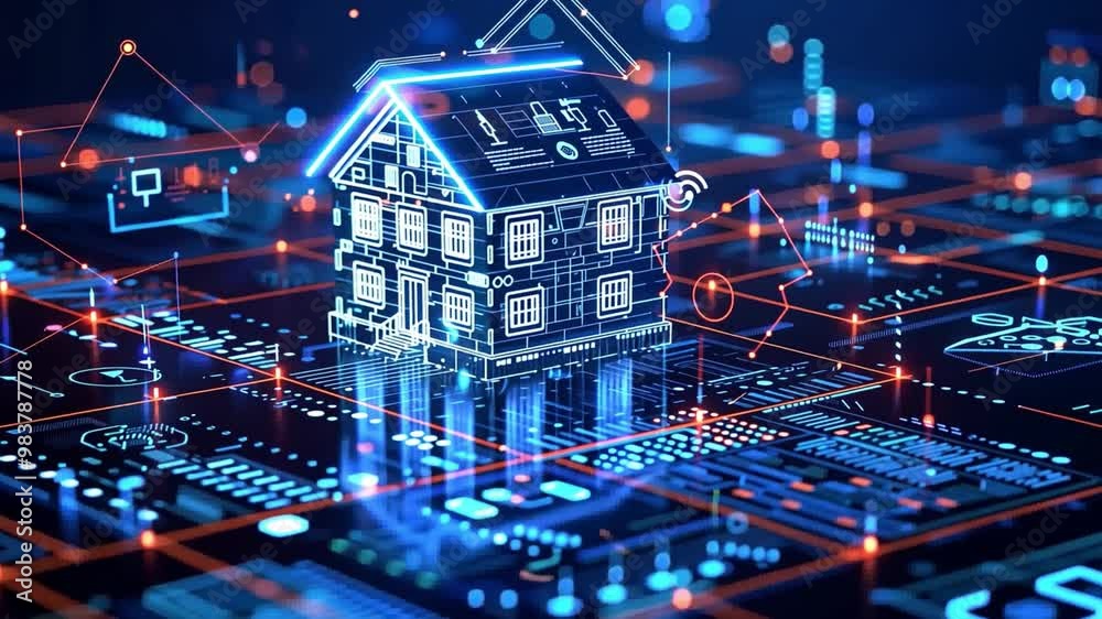 Aufkleber a glowing digital house sits on an intricate grid filled with circuits and symbols, illustrating the
