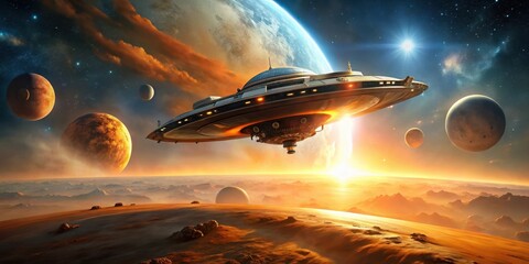 Obraz premium Realistic alien spaceship flying past a planet and over dusty terrain with glowing orange engines, alien, spaceship, space