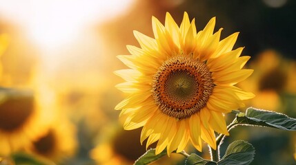 A field of sunflowers stretching towards the sun, their bright yellow petals standing out against the clear blue sky