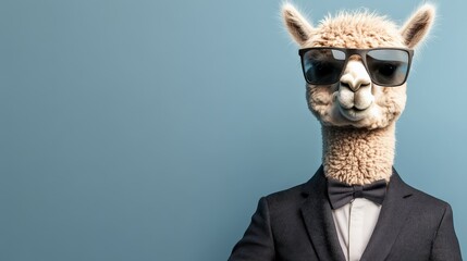 Quirky llama dressed in a suit and sunglasses against a blue background, exuding coolness and style in a humorous animal portrait.