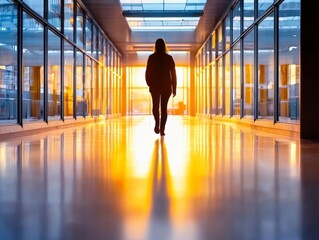 Fototapeta premium A figure walking down a long corridor in an office building, moving forward with purpose and confidence