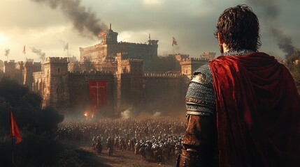 A soldier gazes at a besieged castle amidst a battle scene.
