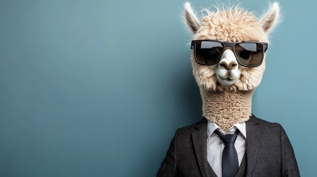 Stylish alpaca in a suit and sunglasses against a blue background, exuding confidence and charm with a humorous and trendy vibe.
