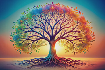 Vibrant stylized tree illustration with intricate branches and roots, generated using AI technology, against a soft gradient background with subtle texture and gentle lighting.