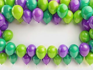 Colorful balloon banner with green and purple border frame on a white background, perfect for spring sale, grand opening, Easter, or birthday party announcements.