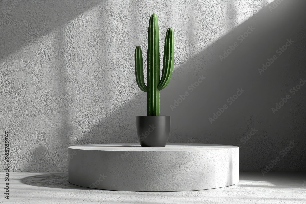 Poster a single tall cactus in a black pot sits on a circular podium.