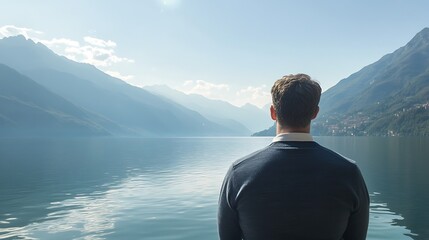 Fototapeta premium Man Contemplating the Mountainous Landscape