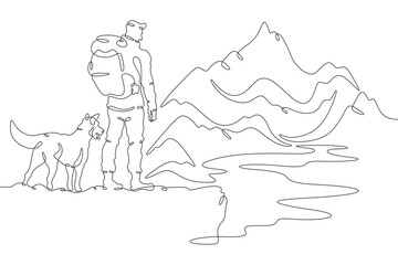 Continuous one line drawing man with dog in nature. Tourist with backpack looks at high mountains. Traveler with dog on the way. Mountain landscape. One continuous line isolated minimal illustration.