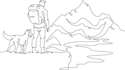 Continuous one line drawing man with dog in nature. Tourist with backpack looks at high mountains. Traveler with dog on the way. Mountain landscape. One continuous line isolated minimal illustration.