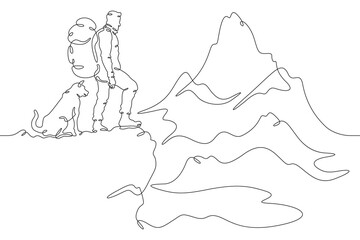 Continuous one line drawing man with dog in nature. Tourist with backpack looks at high mountains. Traveler with dog on the way. Mountain landscape. One continuous line isolated minimal illustration.