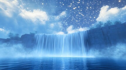 A minimalist 3D waterfall cascading into a pool with mist rising as stars twinkle like fireflies in a blue sky with soft clouds