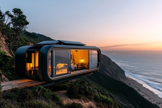 A futuristic tiny home with smart technology and solar panels, perched on a cliff overlooking the ocean, with eco-friendly design elements and modern architecture