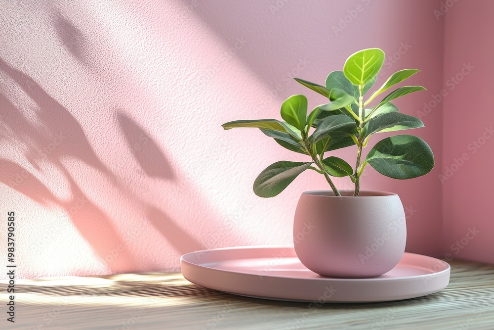 Sticker A potted plant with green leaves and a pink pot, resting on a pink tray, against a textured pink wall.