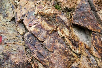 Close-up of layered rock formations showcasing natural textures and colors.