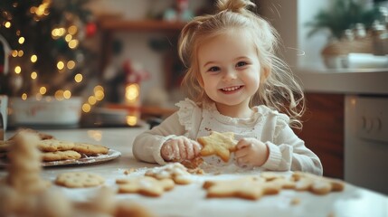 Happy funny little girl baking Christmas cookies on a kitchen at home. Generative AI