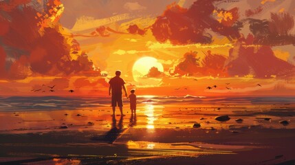 Fototapeta premium Father and son walking along a serene beach at sunset, creating a heartwarming moment of bonding and family togetherness with beautiful golden light reflecting on the water and silhouetted figures in 