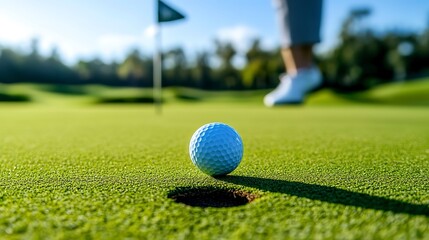 a golf ball near the hole on green grass with a flag, blue sky in the background. 