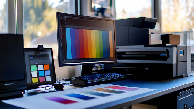 printer adjusting CMYK color settings on a computer, with a freshly printed color chart