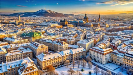 Aerial view of Vienna, capital of Austria, with snow-covered Leopoldsberg in the Wienerwald during winter , Vienna, Austria