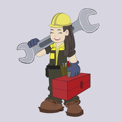 female builder character carrying contruction equipment