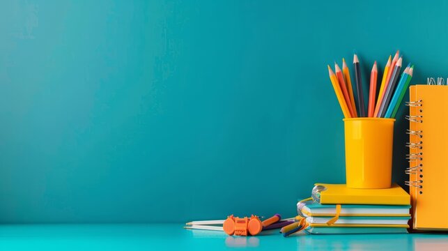 modern classroom desk filled with brand new school supplies such as binders, notebooks, and sharpened pencils, placed in a minimalistic layout with copy space for text