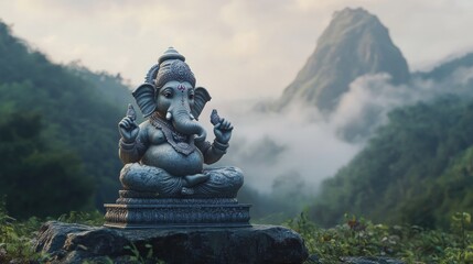 Obraz premium Ganesha statue placed in a misty mountainous area, softly lit by natural light, creating a tranquil and spiritual setting.