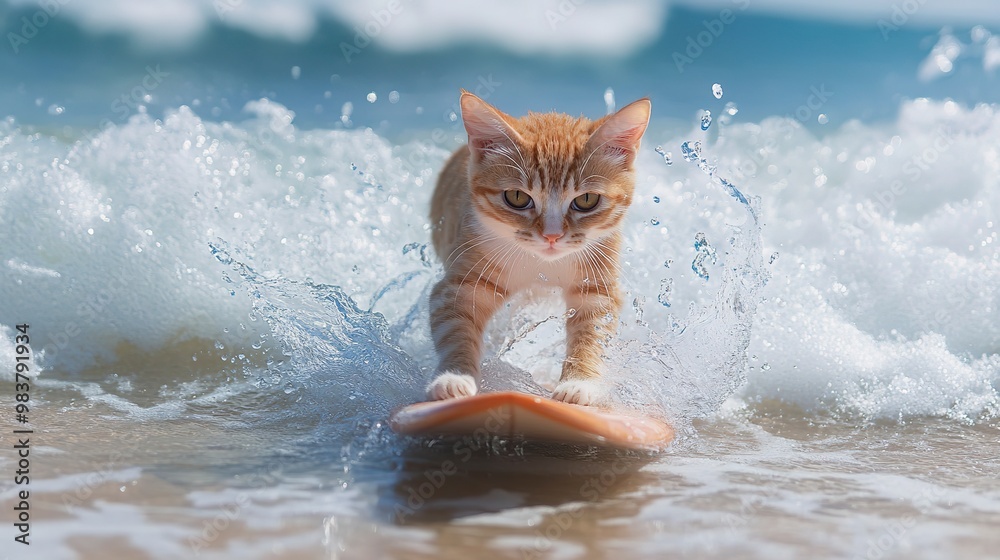 Wall mural A cat is enjoying a summer vacation, surfing on the waves 