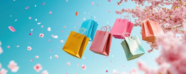 Colorful shopping bags falling on blue sky and pink sakura,background,black friday concept,sale or Discount banner,Template for promotion,advertising,web,social and spring season,ads,space for text.
