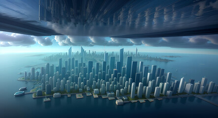 Fototapeta premium A cityscape upside down, with skyscrapers rising into the clouds and the ground replaced by a reflective ocean, blending reality and fantasy in a surreal mobile wallpaper